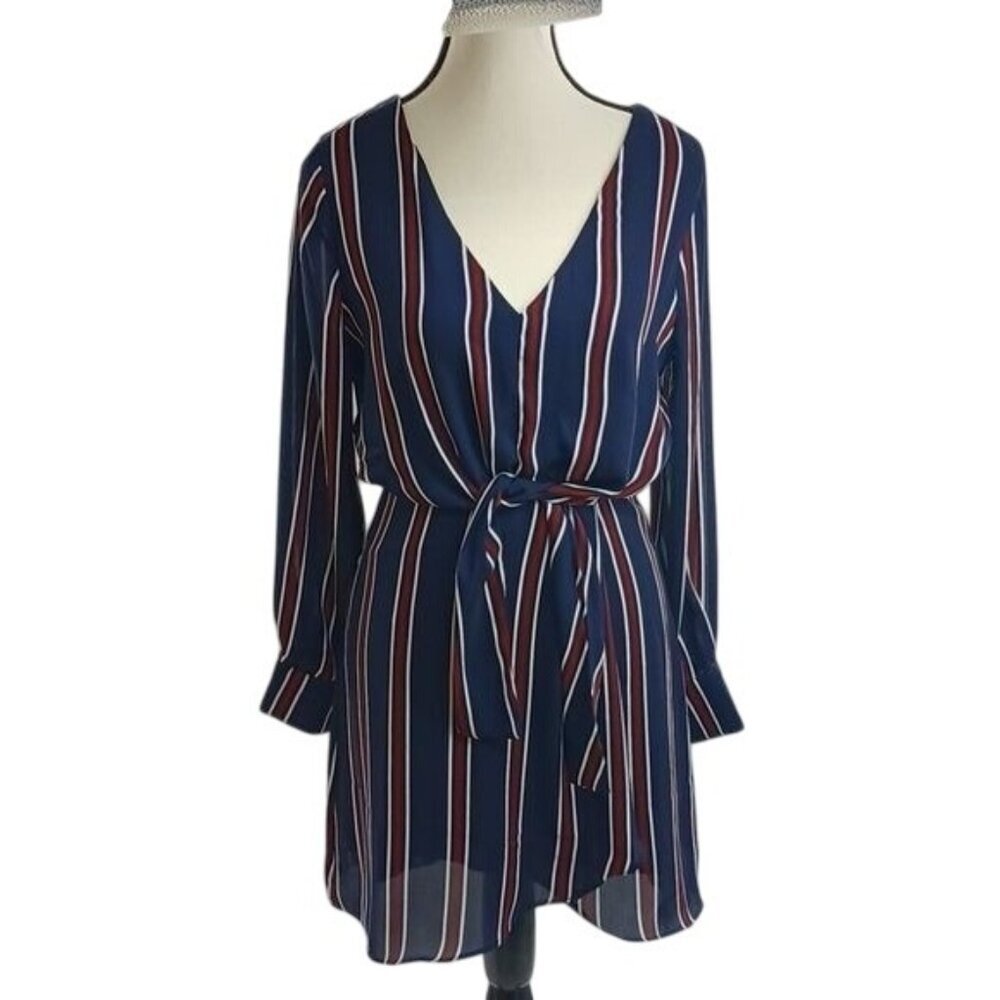 Lulus Womens Size XS Dress Navy Red White Striped Long Sleeve Tie Waist Mini